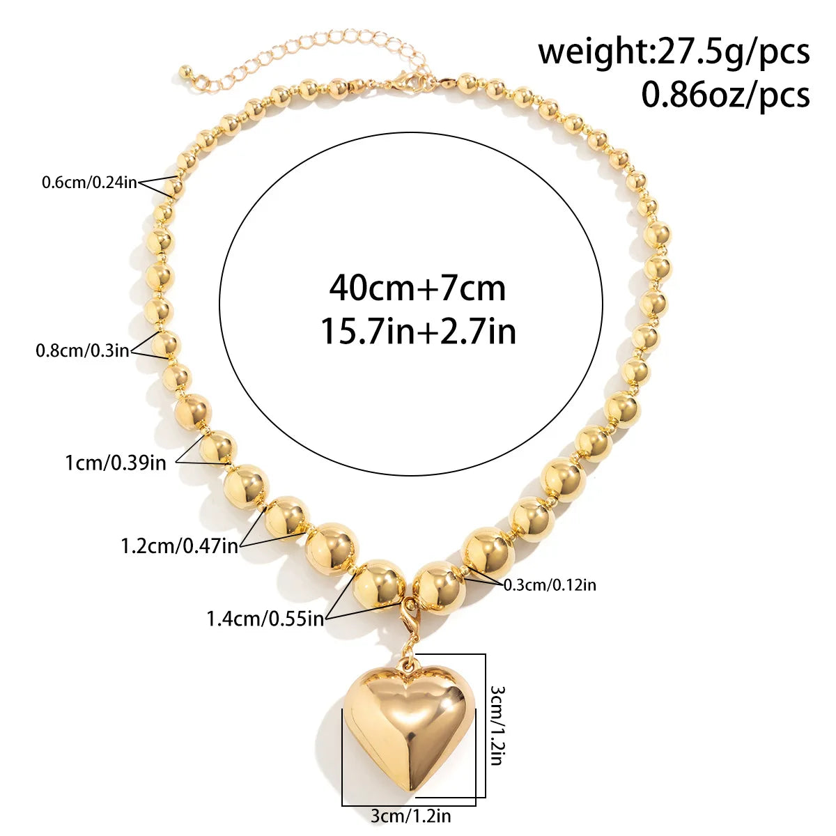 Big CCB Ball Beaded Chain and Heart Pendant Necklace for Women Trendy Choker Collar on the Neck Accessories 2024 Fashion Jewelry