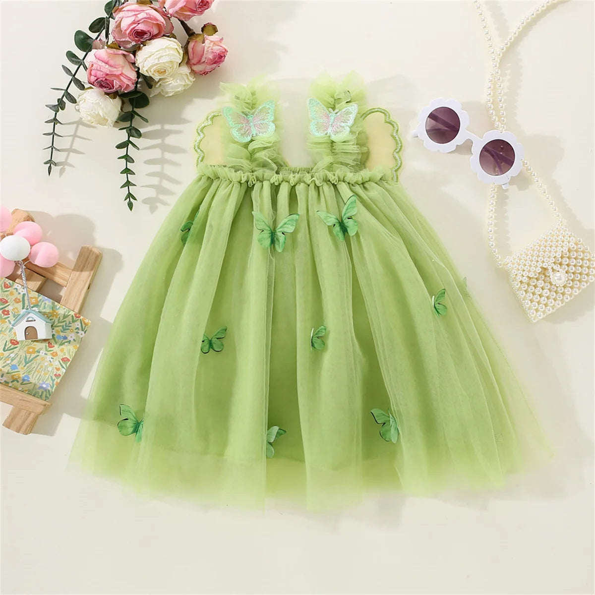 Summer New Girl's Dress Sweet Hanging Strap Butterfly Mesh Cute Back Butterfly Wings Mesh Dress Princess Dress Suitable for 0-3