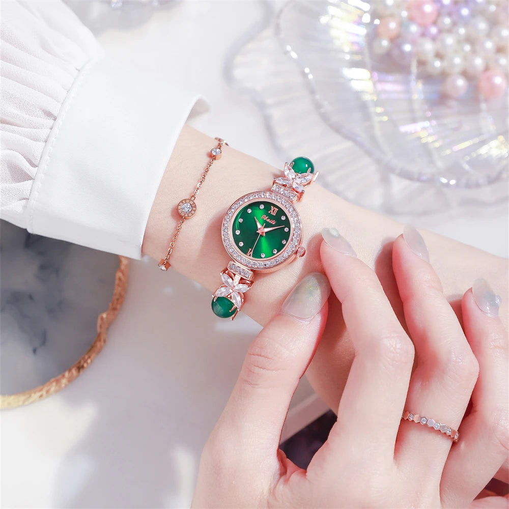 Personalized temperament round diamond silver four flower jade round diamond pearl rosegold strap luminous women quartz watch