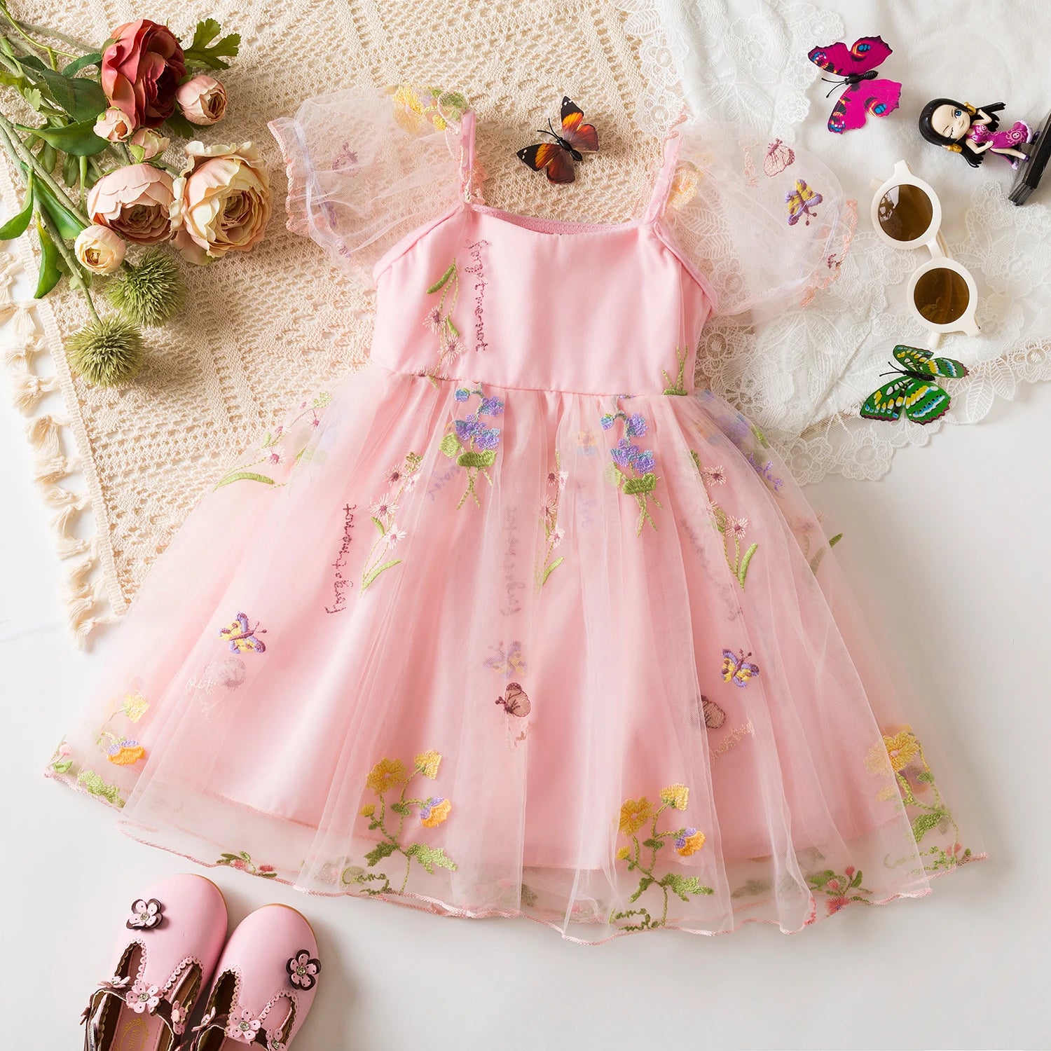 Baby Girl Party Dress for 1-5 Years Infant Butterfly Dresses Kids Green Embroidery Floral Dress 2025 Summer Tulle Princess Dress