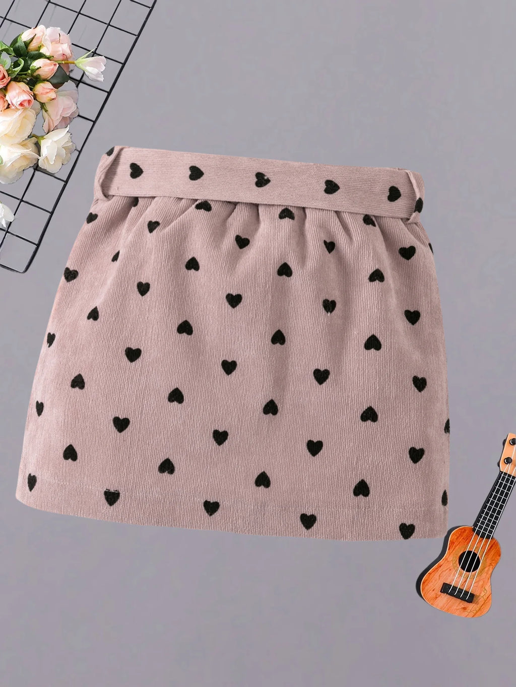 Girls pink heart-shaped skirt - cute bow belt, casual and fashionable style