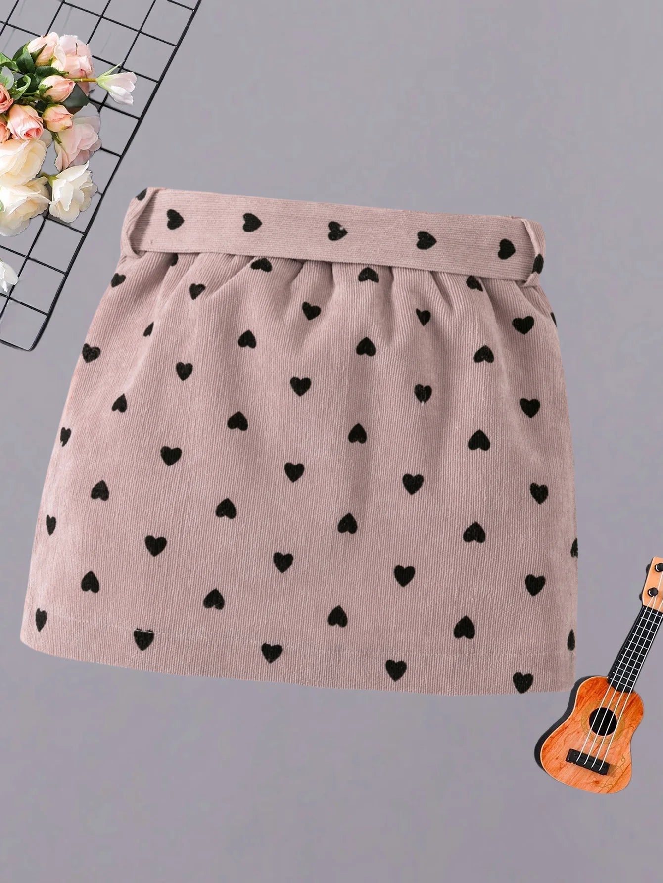 Girls pink heart-shaped skirt - cute bow belt, casual and fashionable style