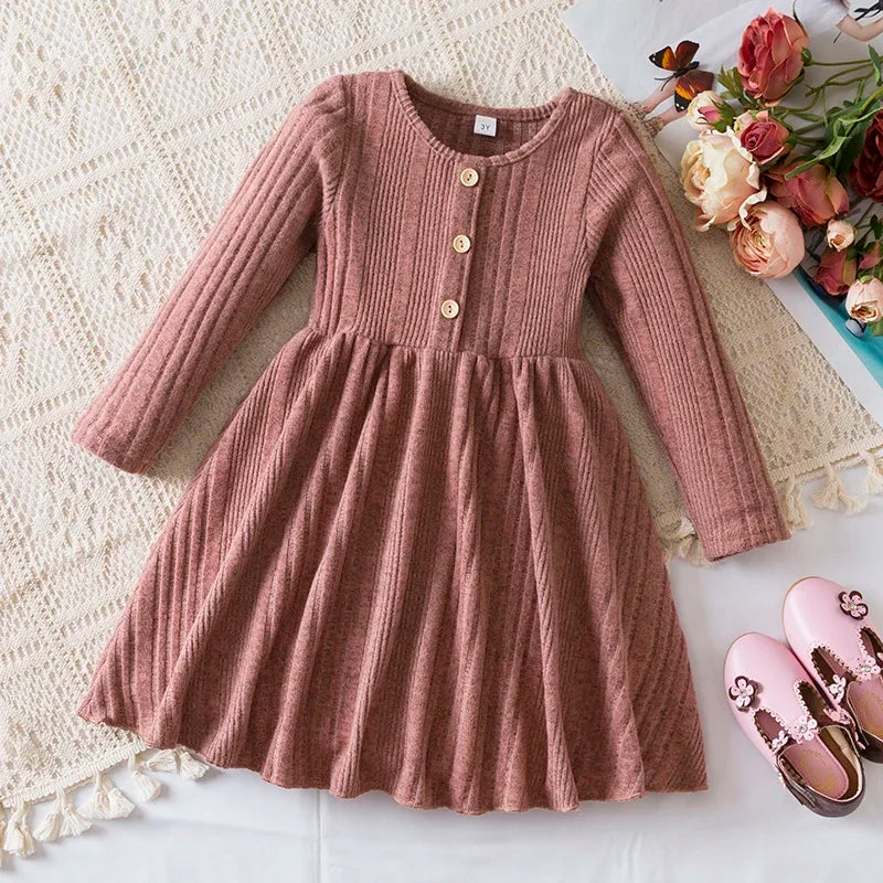 New Year Red Girl Knitting Rib Wool Long Sleeve Princess Dress Autumn Winter New Warm Sweater Dress Kid Christmas Casual Clothes