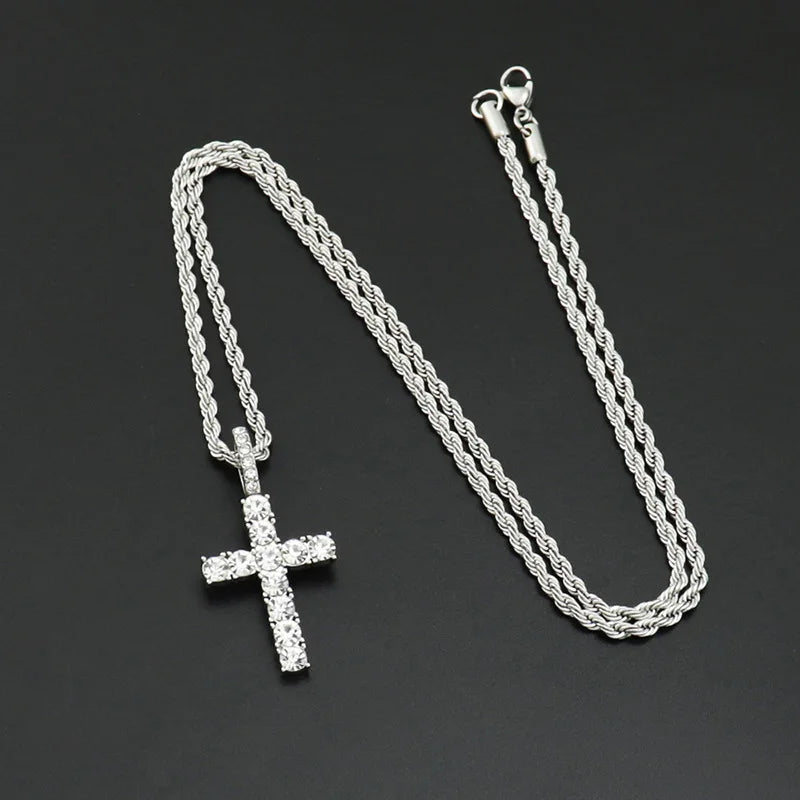 Iced Out Crystal Zircon Cross Pendant Necklace Silver Plated Twisted Chain Necklaces For Men Women