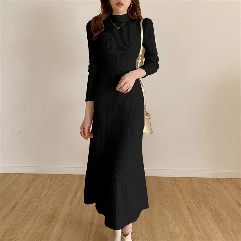 Long Knitted Dress Women Winter Sweater Dress Female Elegant Slim Long Sleeve Knee Length Dress Ladies Warm Office Dresses