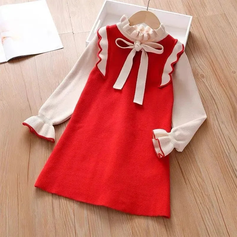 2025 Autumn winter Teenagers Girls Kids bowtie Knit Sweater Dresses Princess clothes new year christmas 4 5 6 7 8 9 10 11 year