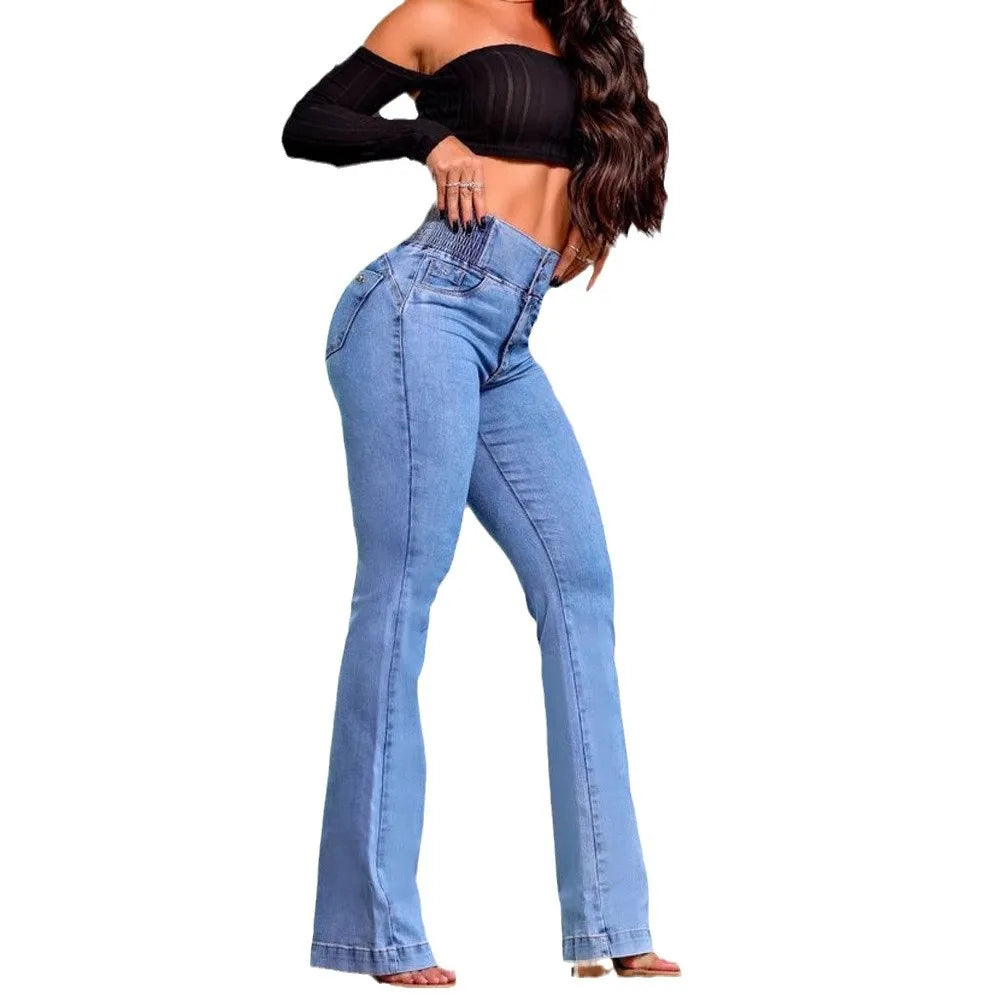 Jeans Women Flare Pants Strecth High Waist Washed Distressed Skinny Vintage Pockets Buttons Trousers 2025 Streetwear Denims