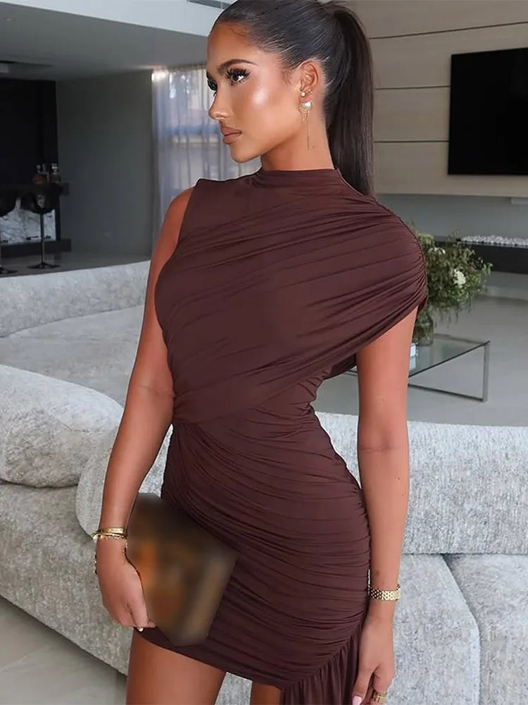 Elegant Women Pleated Irregular Patchwork Maxi Dress Chic Long Sleeve High Neack Dresses 2025 Summer Turtleneck Party Prom Gowns