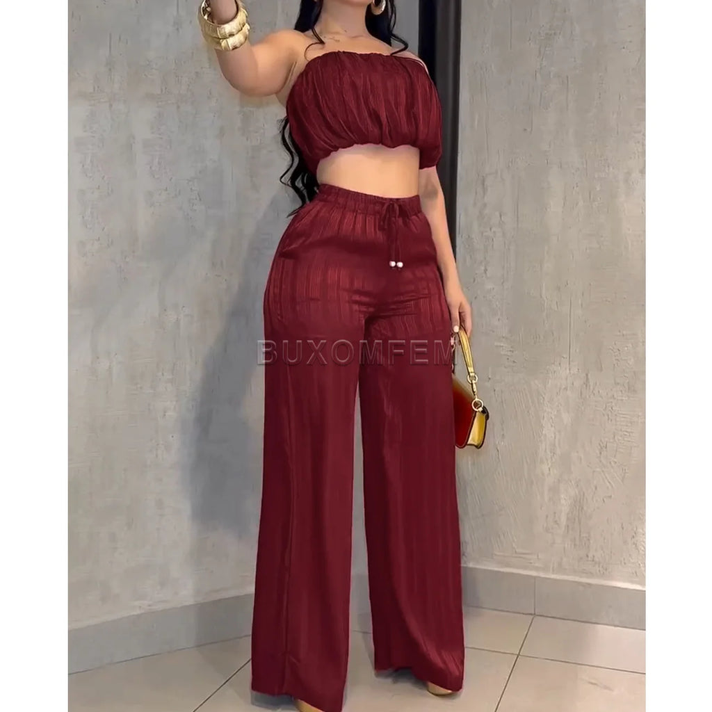 Bright Strapless Wide Leg Slim Fit Two-Piece Set High Quality Female Jumpsuits Outwear Ladies' Stylish Tops & Pants Clothings