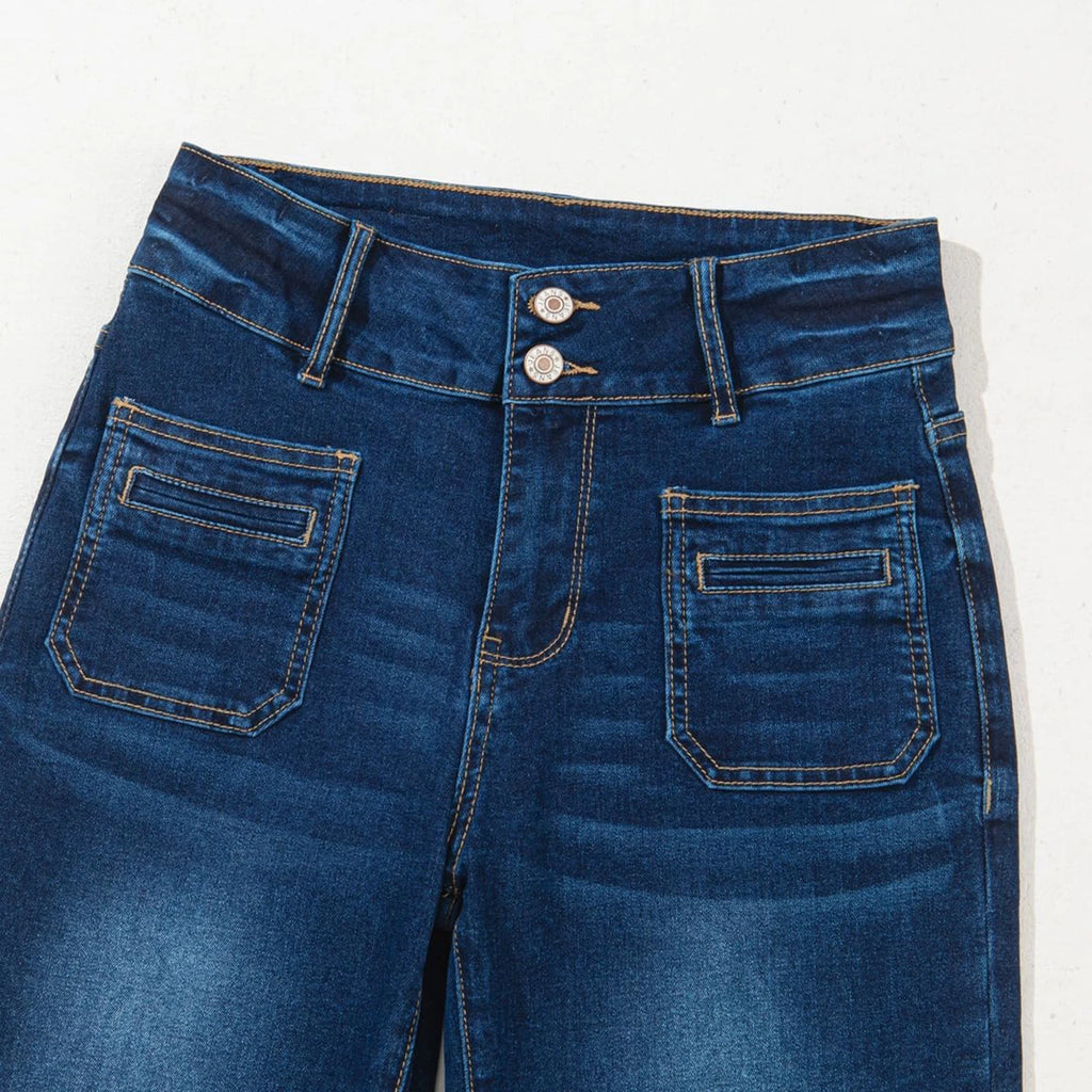 Women'S Jeans Multi-Button Straight Jeans Ladies' Fashionable Trousers Casual Wear Dark Blue High Waist Wide Leg Versatile Jeans