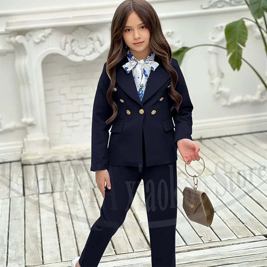 Girl Suits 2 Piece Elegant Daily Casual Fashion Kids Outfits Party Wedding Chic Double Breasted Notch Lapel Girl Clothes