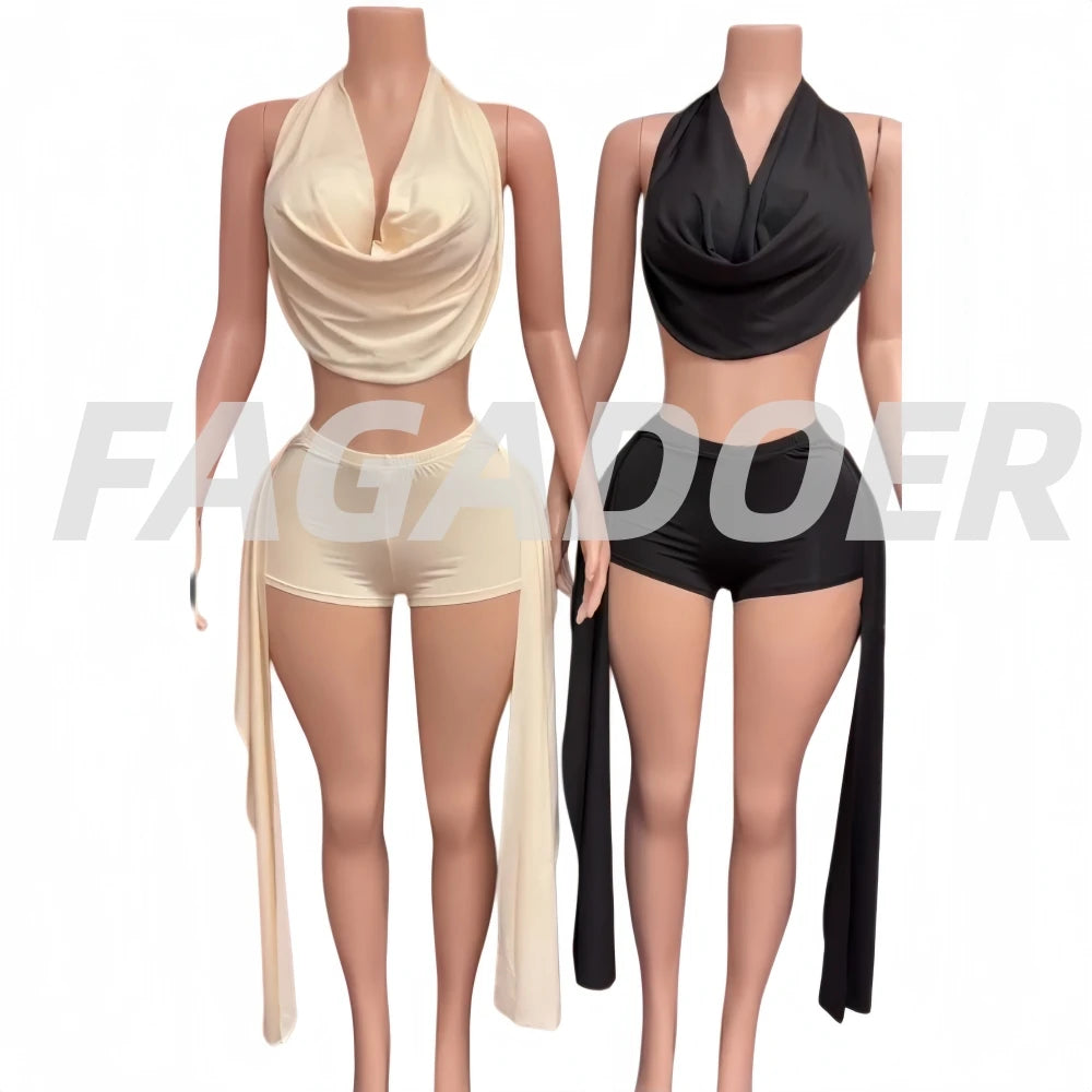 FAGADOER Sexy Hollow Out 2 Piece Sets Woman Outfit Halter Backless Collar Crop Top + Tassels Shorts Matching 2025 Summer New