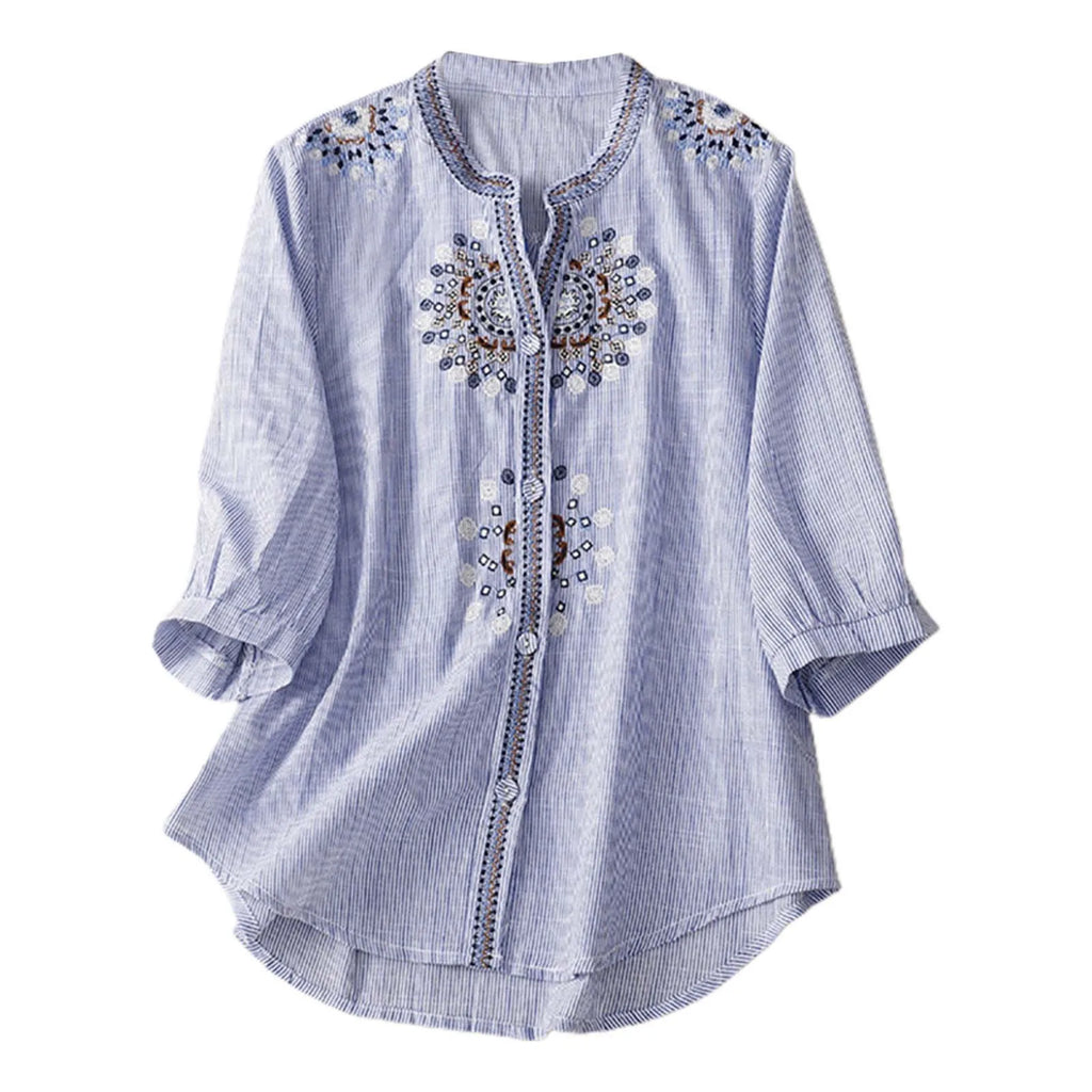 Summer Women'S Vintage Embroidered T Shirts Cotton Linen Half Sleeve Shirt Blouse Retro Ethnic Style Loose Button Down Shirts