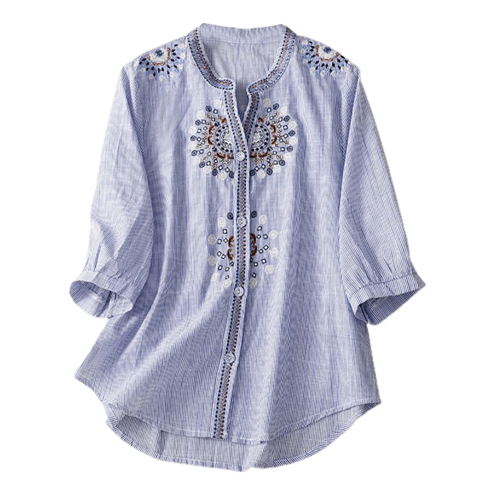 Summer Women'S Vintage Embroidered T Shirts Cotton Linen Half Sleeve Shirt Blouse Retro Ethnic Style Loose Button Down Shirts