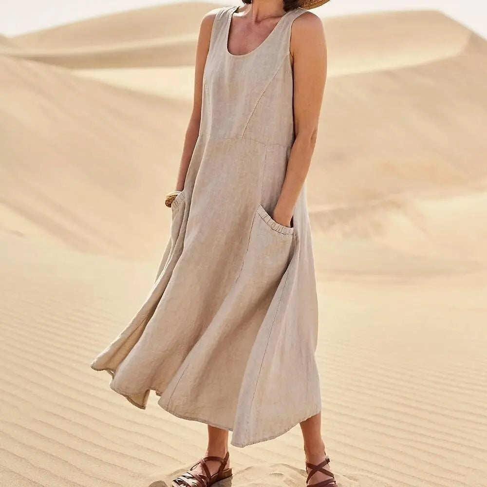 Women Coton Linen Sundress Summer Female Sleeveless Double Big Pocket Loose Sand Beachwear Long Dress Oversized S-5XL LRFZ-818