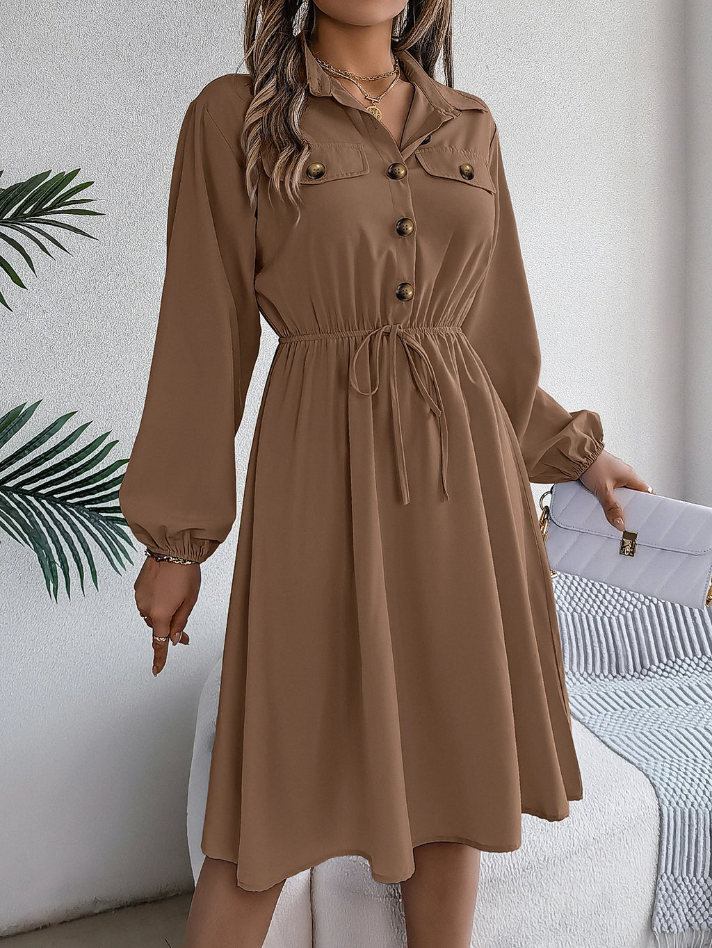 Autumn Winter Dresses for Women Casual Solid Color Button Tie Up Long sleeved Shirt Dress