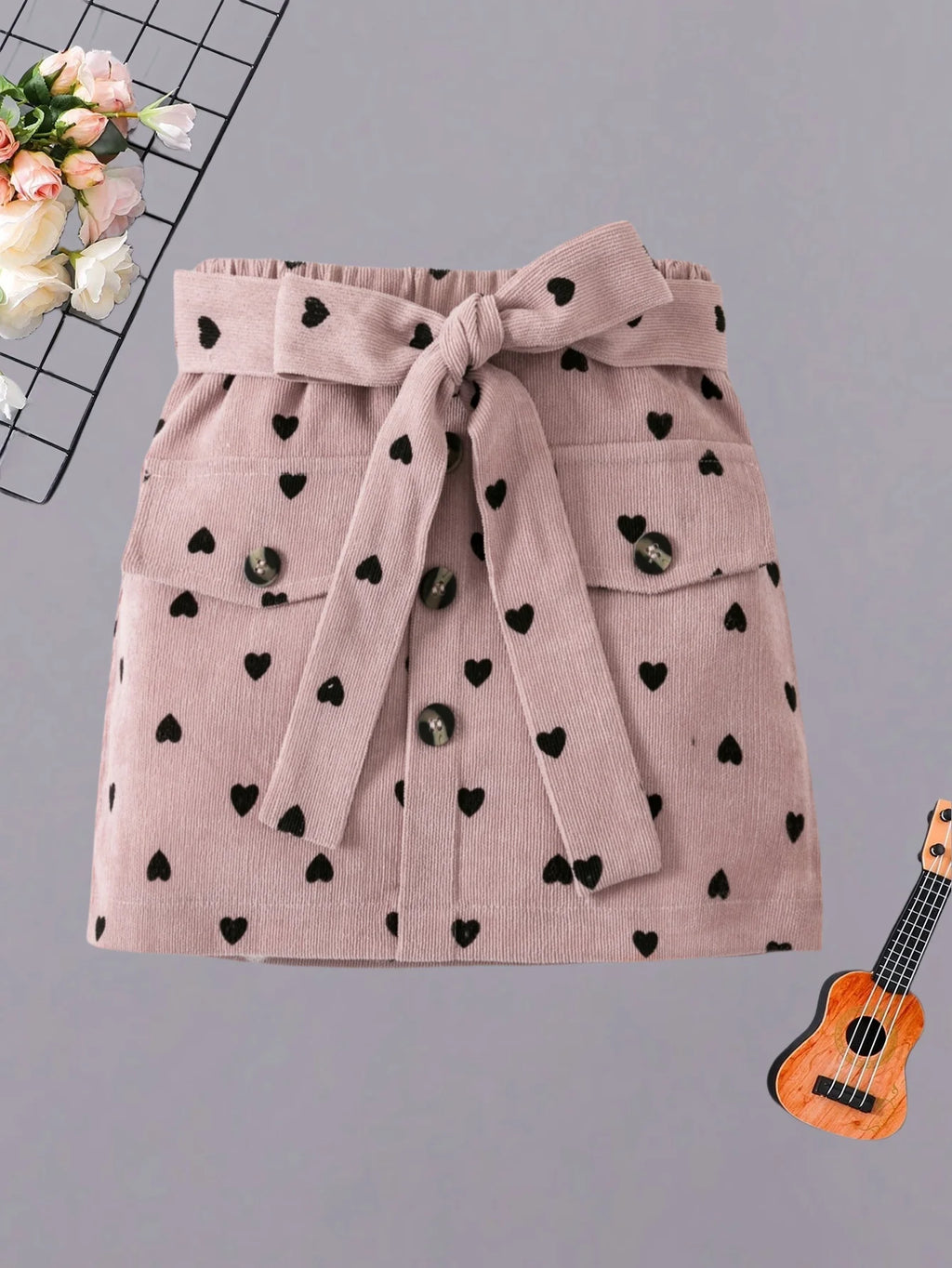 Girls pink heart-shaped skirt - cute bow belt, casual and fashionable style