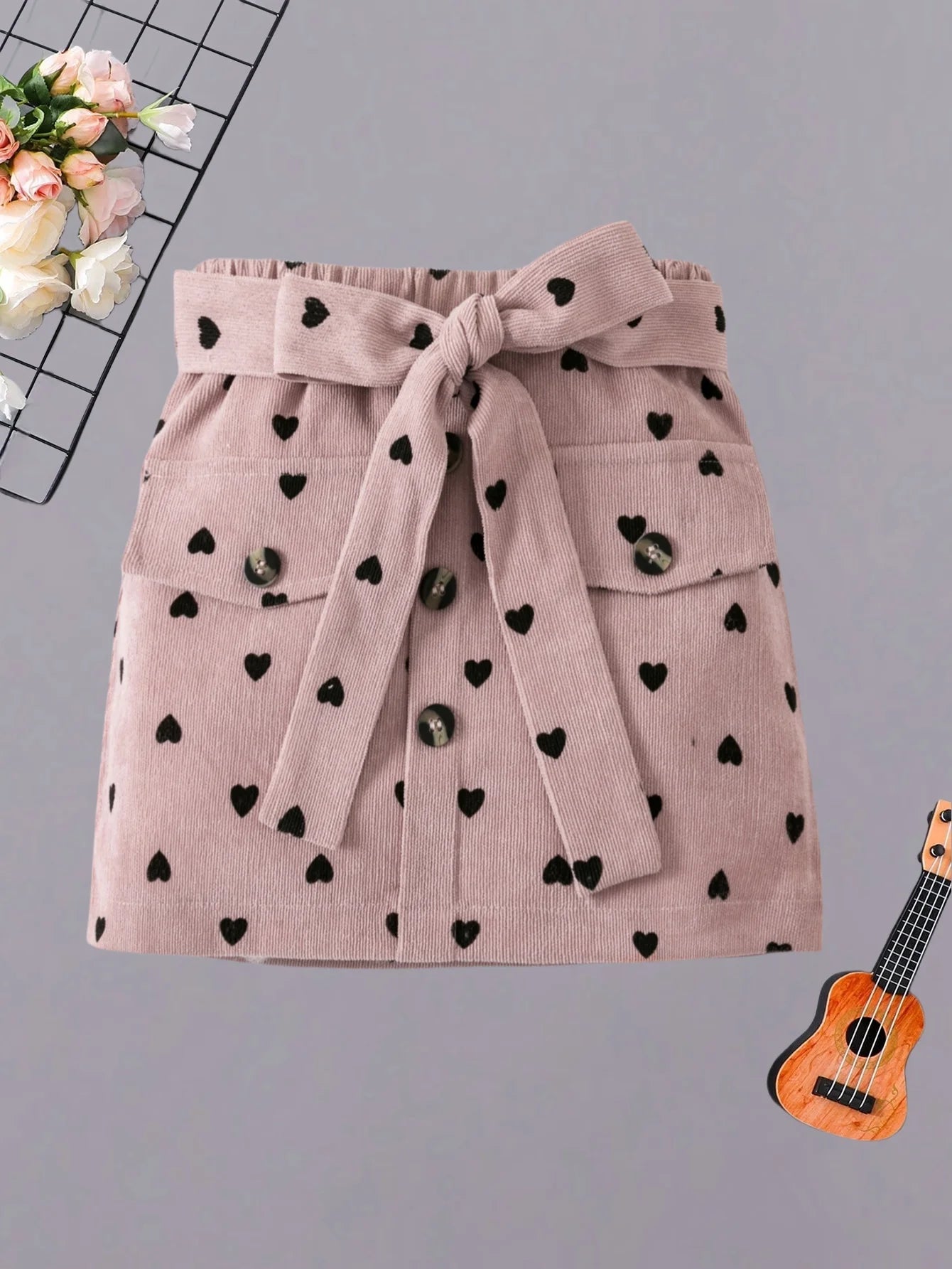 Girls pink heart-shaped skirt - cute bow belt, casual and fashionable style