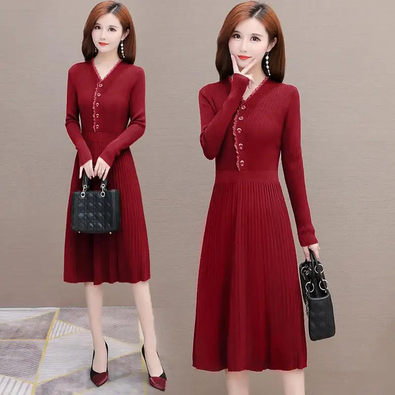 Fashion Ruffled Neck Button Folds Midi Dress Women's Clothing 2023 Autumn Winter Loose Elegant Office Lady Knitted Dress
