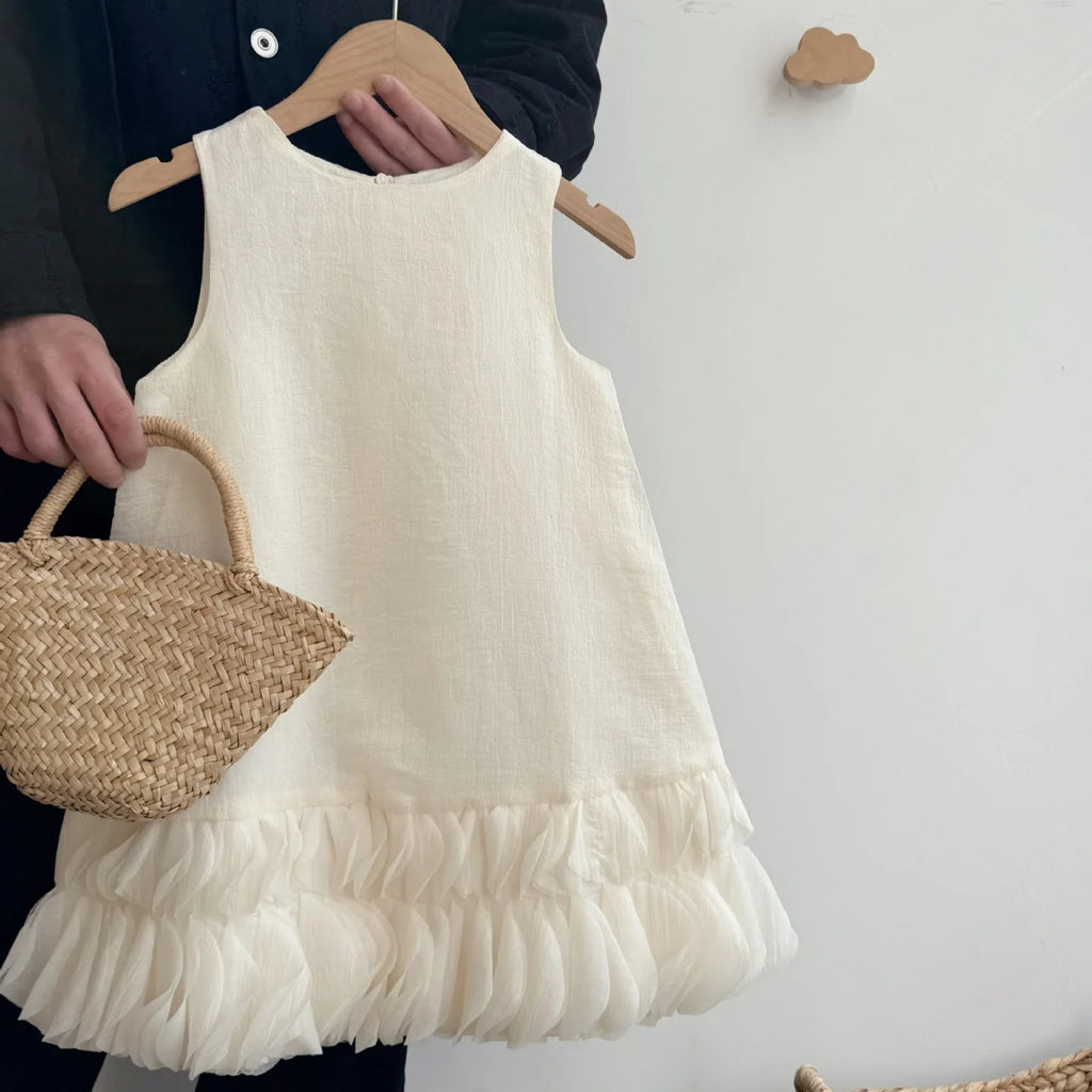 Girls Sleeveless Dress 2025 Spring and Summer New Korean Fashion Solid Color Mesh Flower Bud Princess Jumper Skirt
