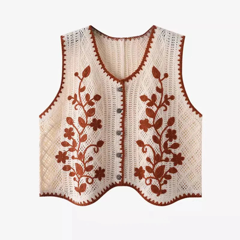 Flower Embroidery Crochet Waistcoat Top Sleeveless Button Front Vest Cardigan Women Spring Summer Vintage Fairycore Cottagecore