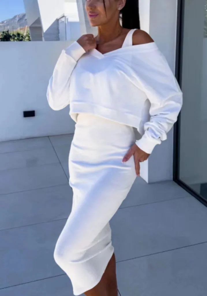 Fashion Two Piece Set Dress Women's Autumn Sexy V Neck Long Sleeve Pullover Top And Skirts Two Piece Set Dress