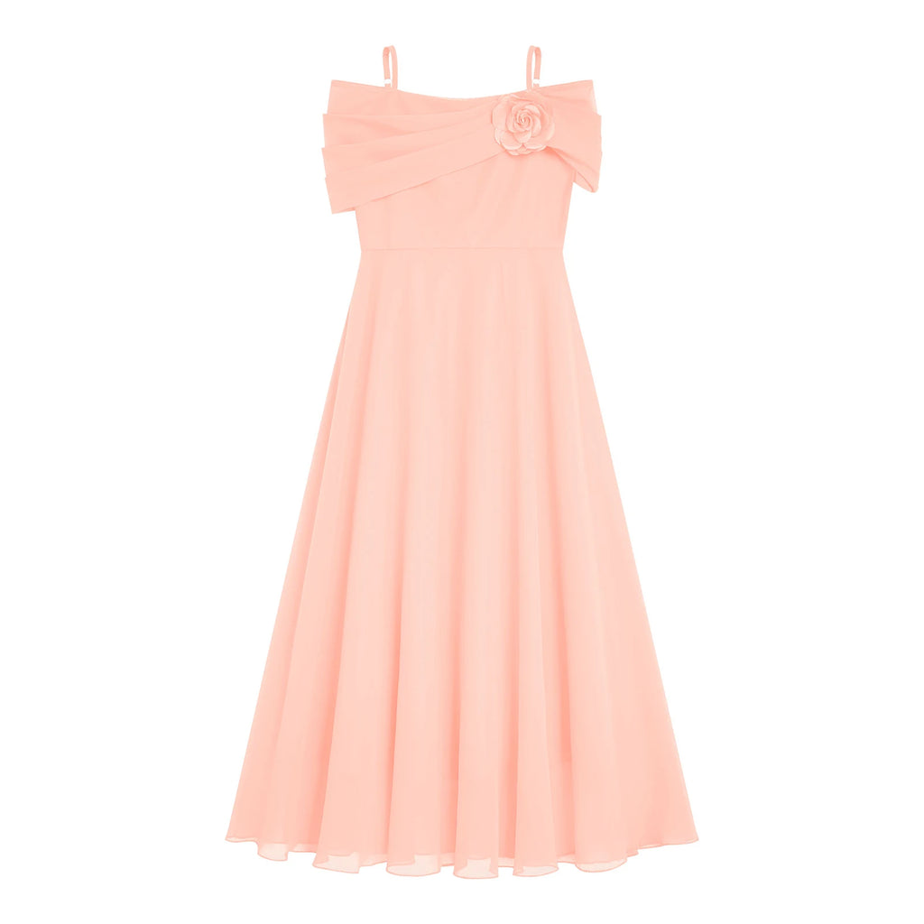 Kids Girls Elegant Party Dress Wedding Bridesmaid Birthday Prom Gown Off Shoulder Ruched 3D Flower Applique Chiffon Maxi Dresses