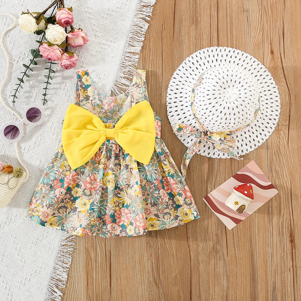 (2 Piece Dress) Summer New Girls Dress Set Floral Print + Hat Bow Ribbon Halter Sweet Princess Dress Birthday Party Team Dress