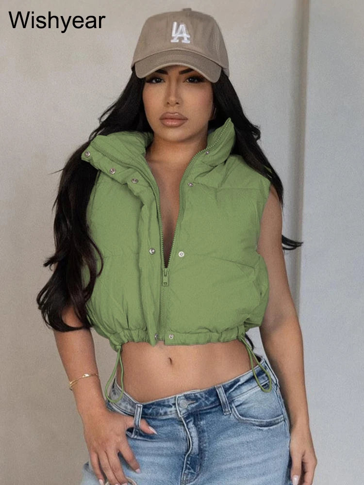 Winter Vest Cotton Padded Crop Top Women Clothing Sleeveless Stand Collar Zipper Adjustable Hem Jackets Cotton Coat Outwear New