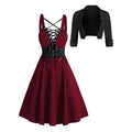 2025 Womens Gothic Dresses Sets Solid Color Open Front Crop Jacket and Lace Up Buckle Strap Crisscross Dress Outfit