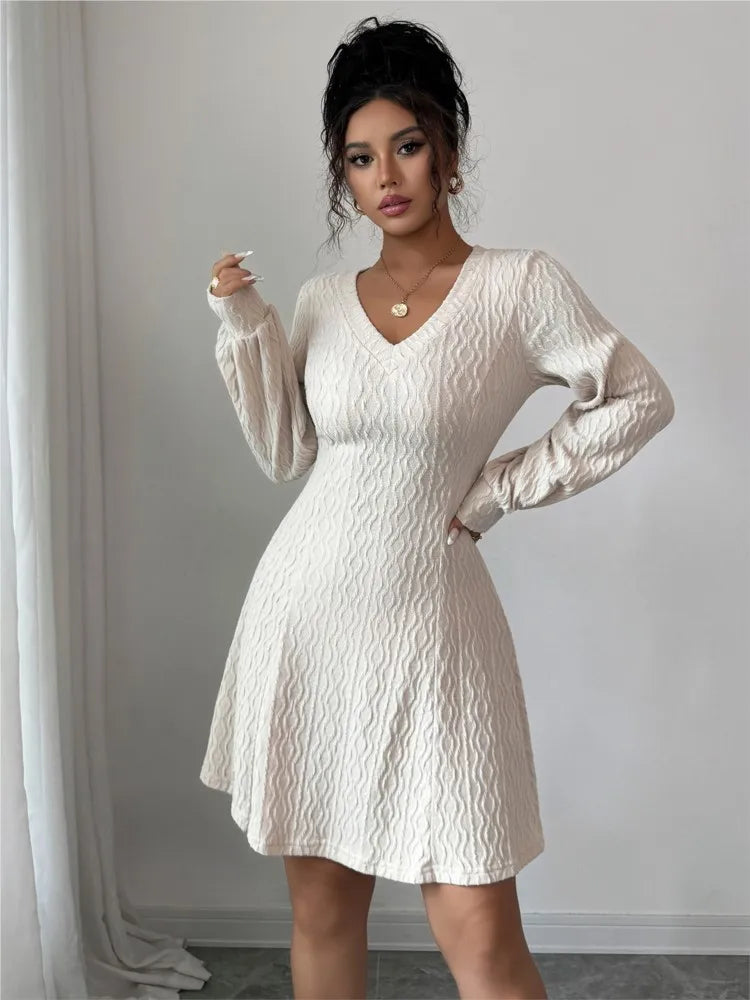 Autumn Women's Dresses Long Sleeve V Neck Elegant Office Dress For Women New Winter Fashion Solid Color Slim A Line Dress Female