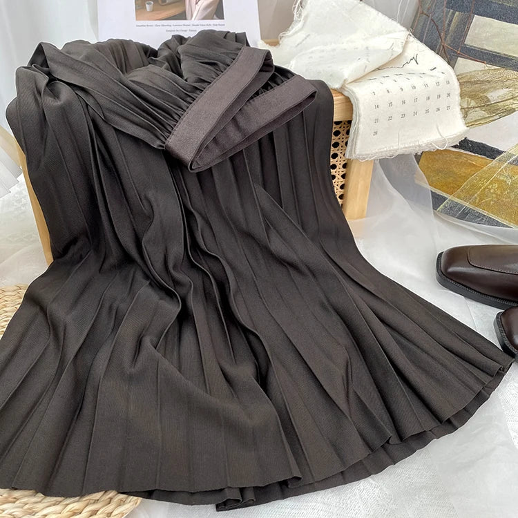 2024 Women Elegant Pleated Skirt High Waist Women Mid-long Skirt Female Ladies High Quality Women Midi Skirt Black Saia