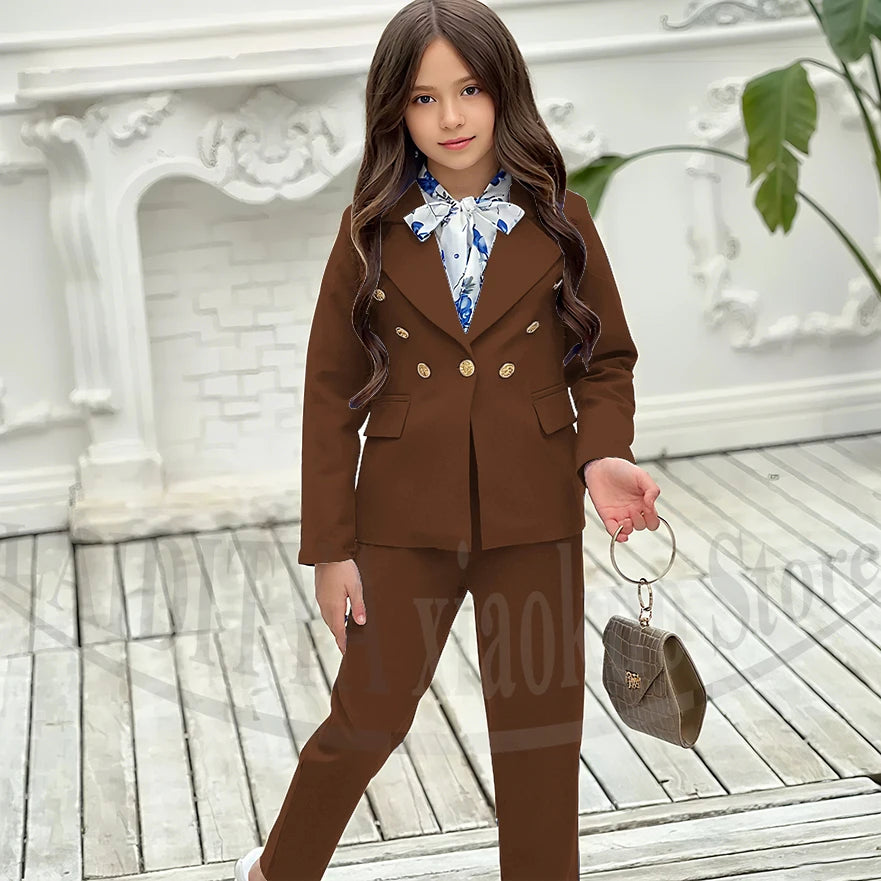 Girl Suits 2 Piece Elegant Daily Casual Fashion Kids Outfits Party Wedding Chic Double Breasted Notch Lapel Girl Clothes
