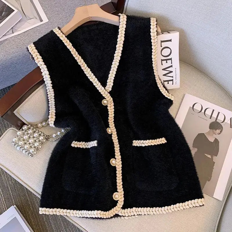 Women's Clothing Temperament Knitted Vest Cardigan Autumn/Winter Elegant Pockets Sweater Lady Basic V-neck All-match Button Tops