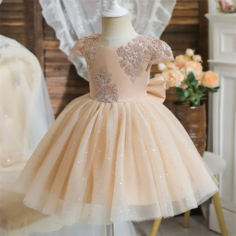 Toddler Girls 1st Birthday Party Dresses Cute Bow Kids Princess Lace Tulle Short Dress Flower Girls Dresses for Wedding 1-5 Year