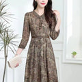 New 2023 Spring and Autumn Women's Pullover V-neck Patchwork Printing Button Belt Long Sleeve Fashion Slim Covering Belly Dress