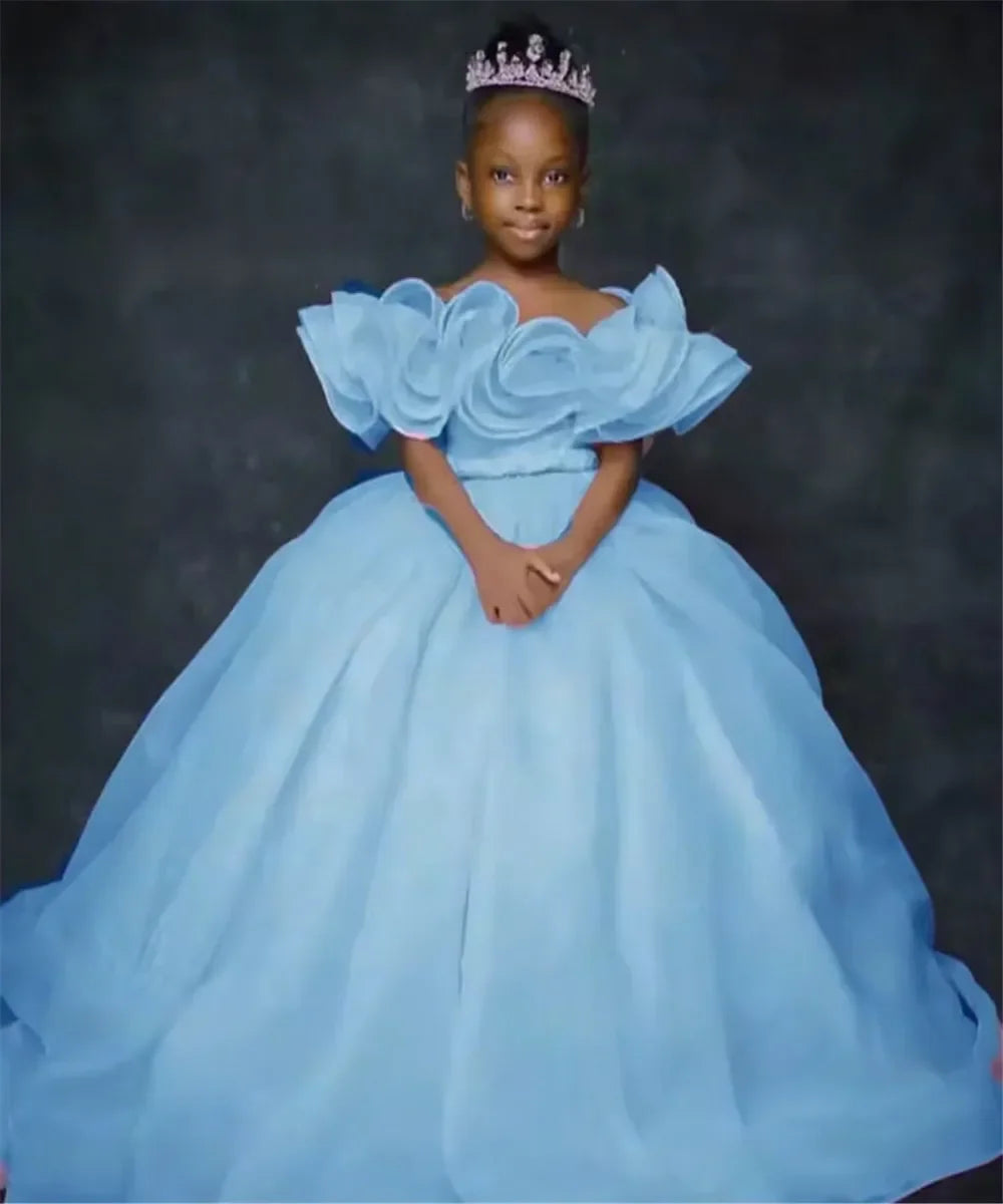 Custom JDY Kids' Birthday Dress Custom Flower Girl Dress Off-Shoulder Ruffled Tiered Tulle Ball Gown Wedding