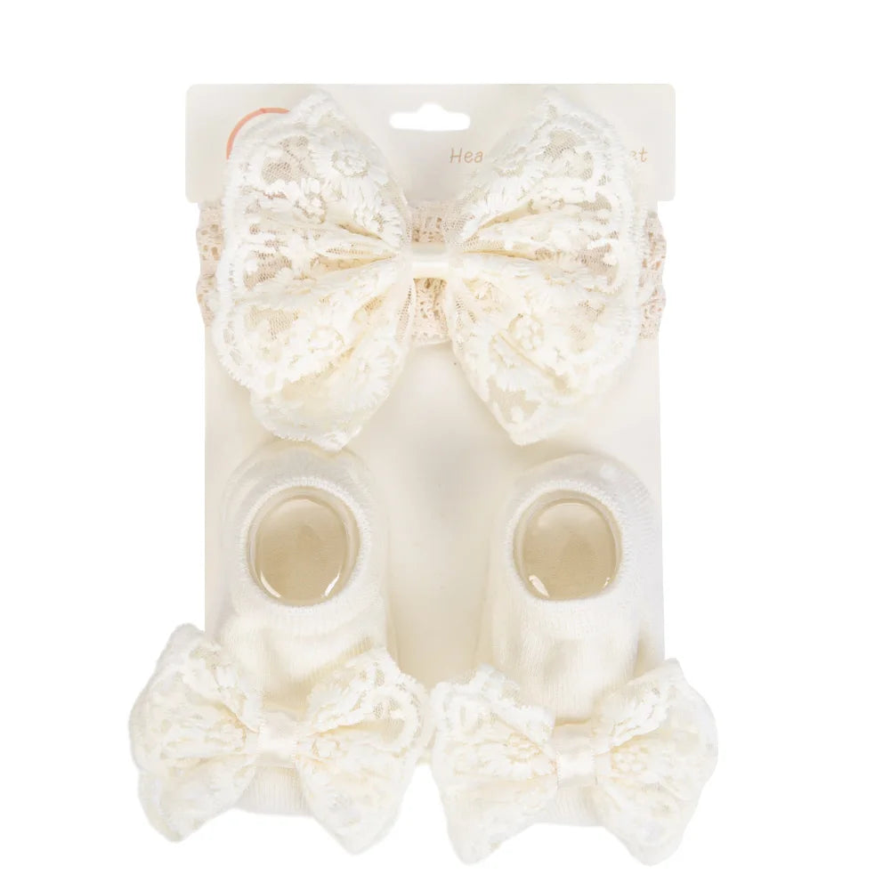 3Pcs/Set Cream Lace Baby Headbands&Socks Newborn Princess Girls Wide Rhinstone Pearl Eastic Hairbands Kids Headwear Photo Props