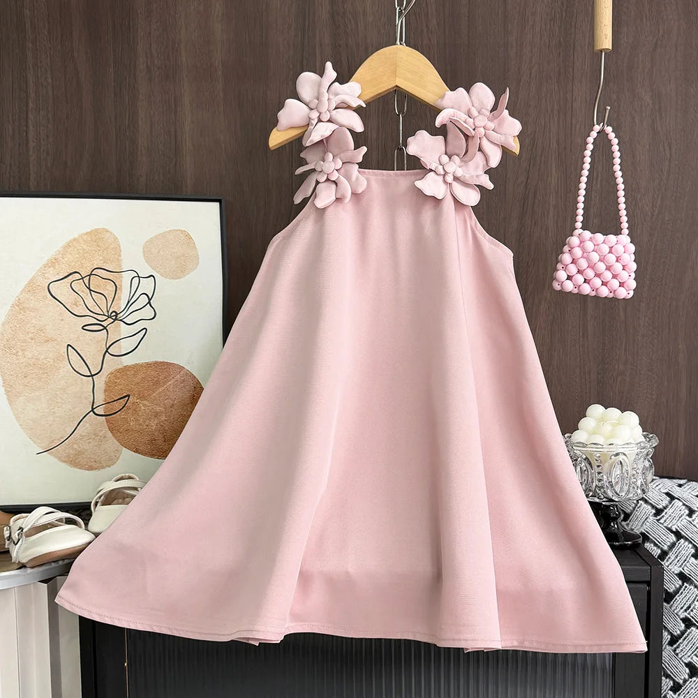 2025 Summer New Korean Version Baby Girl Casual Solid Color Dress White 3D Flower Decoration Fashion Temperament Princess Dress