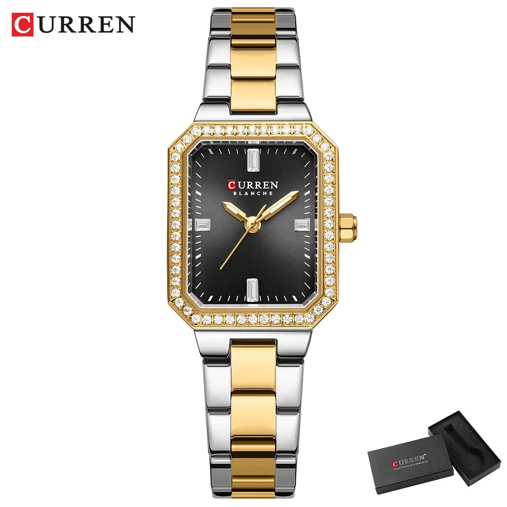 CURREN Luxury Brand Watches for Women Simple Rectangular Dial with Sparkling Rhinestones Casual Quartz Wristwatch with Luminous