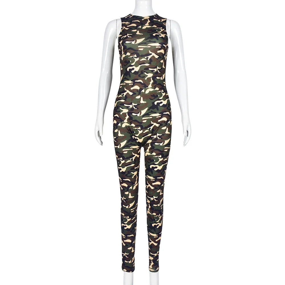 Women Fashion Camouflage Print Skinny Jumpsuits O Neck Sleeveless Slim Casual Streetwear Overalls Club Rompers Fitness Jumpsuit