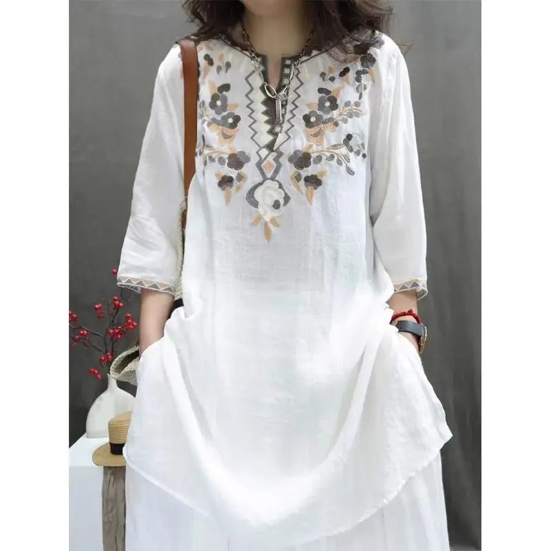 Summer Heavy Industry Women's Vintage Embroidered Medium-length Loose Cotton and Linen Stylish Casual Pullover Top