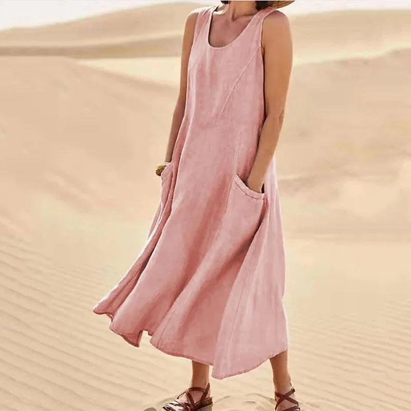 Women Coton Linen Sundress Summer Female Sleeveless Double Big Pocket Loose Sand Beachwear Long Dress Oversized S-5XL LRFZ-818