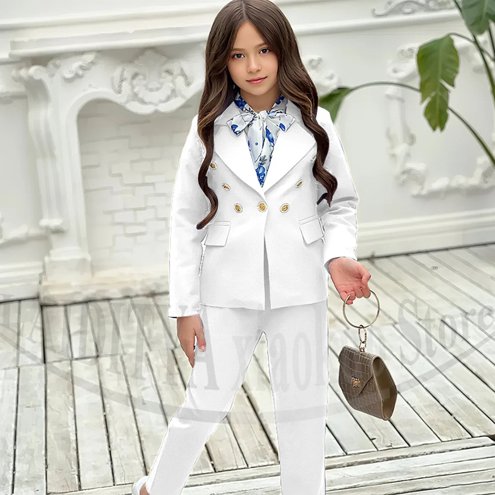 Girl Suits 2 Piece Elegant Daily Casual Fashion Kids Outfits Party Wedding Chic Double Breasted Notch Lapel Girl Clothes