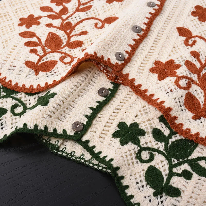 Flower Embroidery Crochet Waistcoat Top Sleeveless Button Front Vest Cardigan Women Spring Summer Vintage Fairycore Cottagecore
