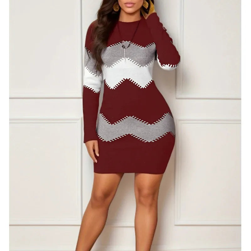 Autumn Fashion Round Neck Long Sleeve Printed Knitted Bag Hip Dress