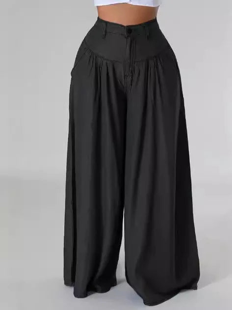 Women's Casual Cotton Linen Jeans Fashion Solid Colour Wide-leg Pants Ladies Loose Plus Size High Waist Long Trousers