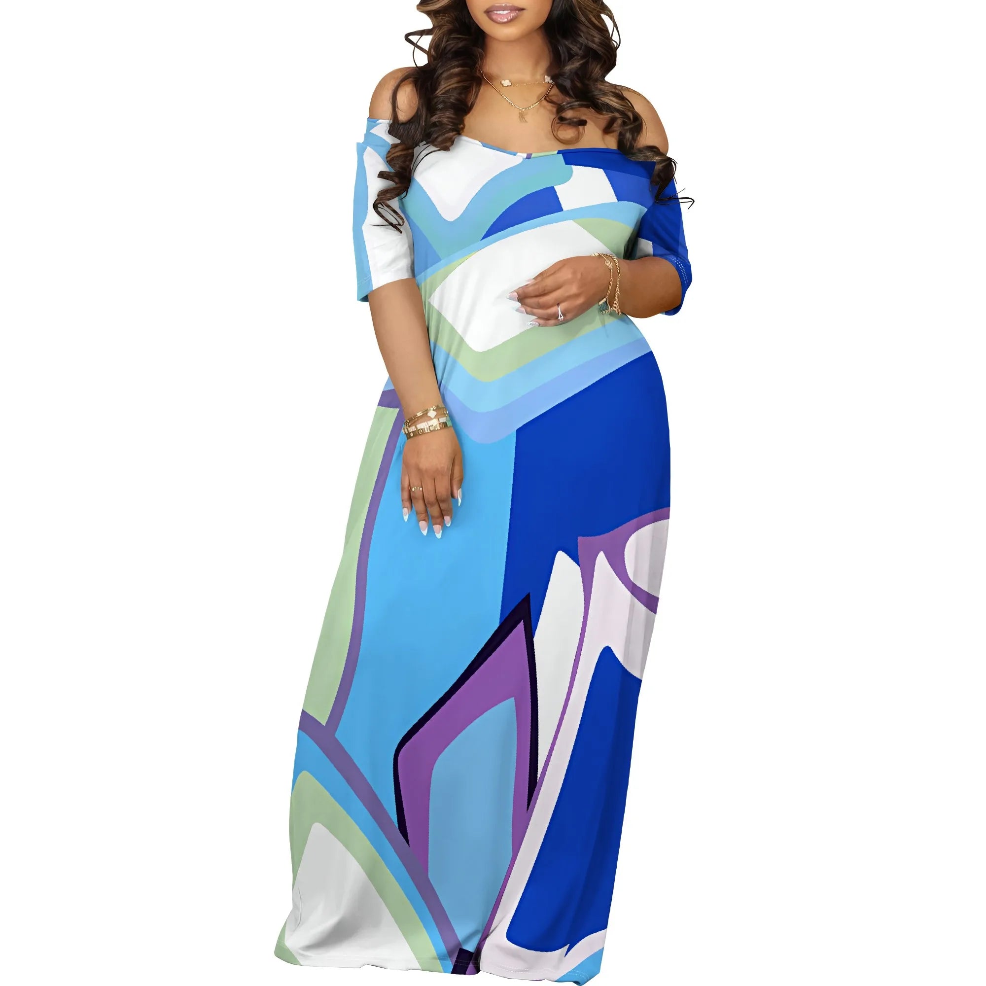 Women's Fashion  Printed Short Sleeve Long Dress Sexy Off Shoulder Backless Bodycon Split Cocktail Party Dress ﻿