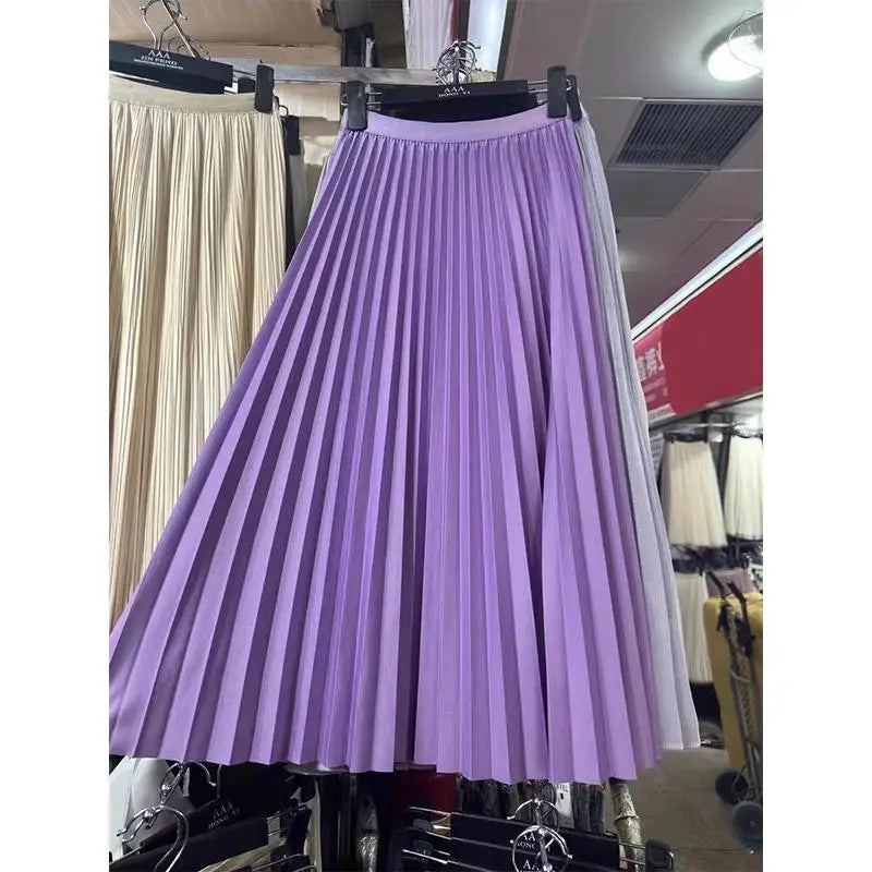 2024 Women Elegant Pleated Skirt High Waist Women Mid-long Skirt Female Ladies High Quality Women Midi Skirt Black Saia