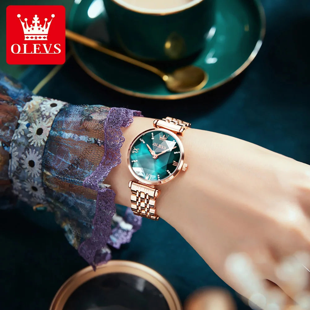 OLEVS Japan Quartz Movement Women's Watches Elegant Rose Gold Steel Strap Fashion Rhombus Glasses Waterproof Ladies Watches 6642